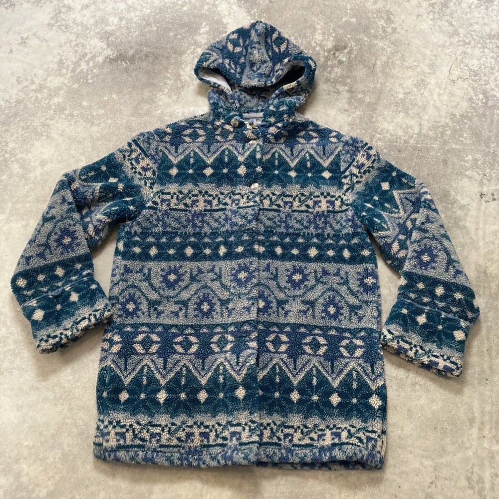 Woolrich Coat Womens Sz Medium Blue Hooded Fair Isle Coatigan Vtg Fleece Usa